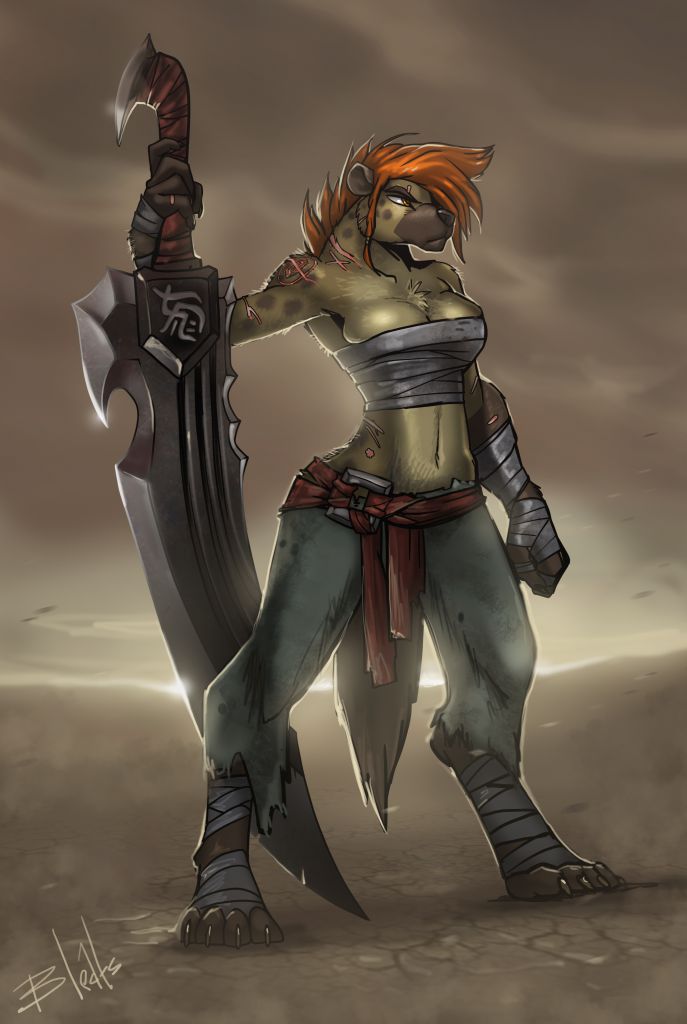 D&D Character: Tsosga by Bleats, Solo, Female, Clothes, Scars, Brand, Weapon, Sword, GreatSword, DungeonsAndDragons, Fighter, Gnoll, Tall, Art, Digital, Fantasy, Commission