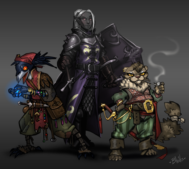 The Party is Assembled by Bleats, Male, Female, Tabaxi, Drow, Kenku, Magpie, Feathers, Fur, Beak, Skin, Flesh, PointyEars, Armor, Clothes, Weapons, Dagger, ShortSword, Longsword, Shield, Art, Digital