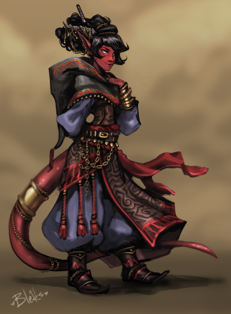 Tiefling Bard by Bleats, Solo, Female, Tiefling, Bard, SFW, Clothing, Gold, Chains, Adventure, DungeonsAndDragons, Art, Digital