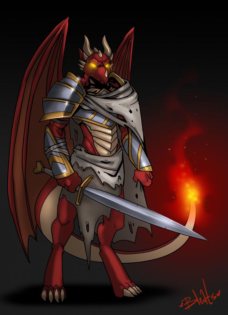 Dragonborn Warrior by Bleats, Male, Solo, Anthro, Dragon, DragonBorn, Armor, Weapon, Sword, Fire, Flame, Wings, Horns, Art, Digital, Commission