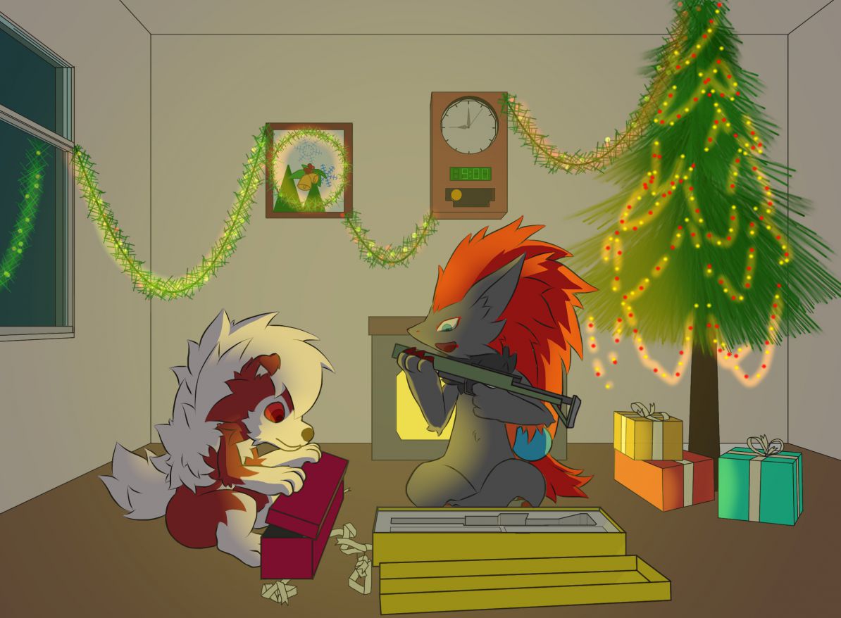 Christmas day by KyShan, dog, fox, Furry, midnight lycanroc, zoroark