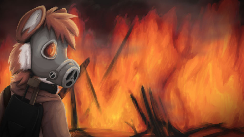 Through the Flames by kstreetalley, animal, anthro, canidae, canine, dhole, digital, drawing, fire, furry, mammal, wild dog