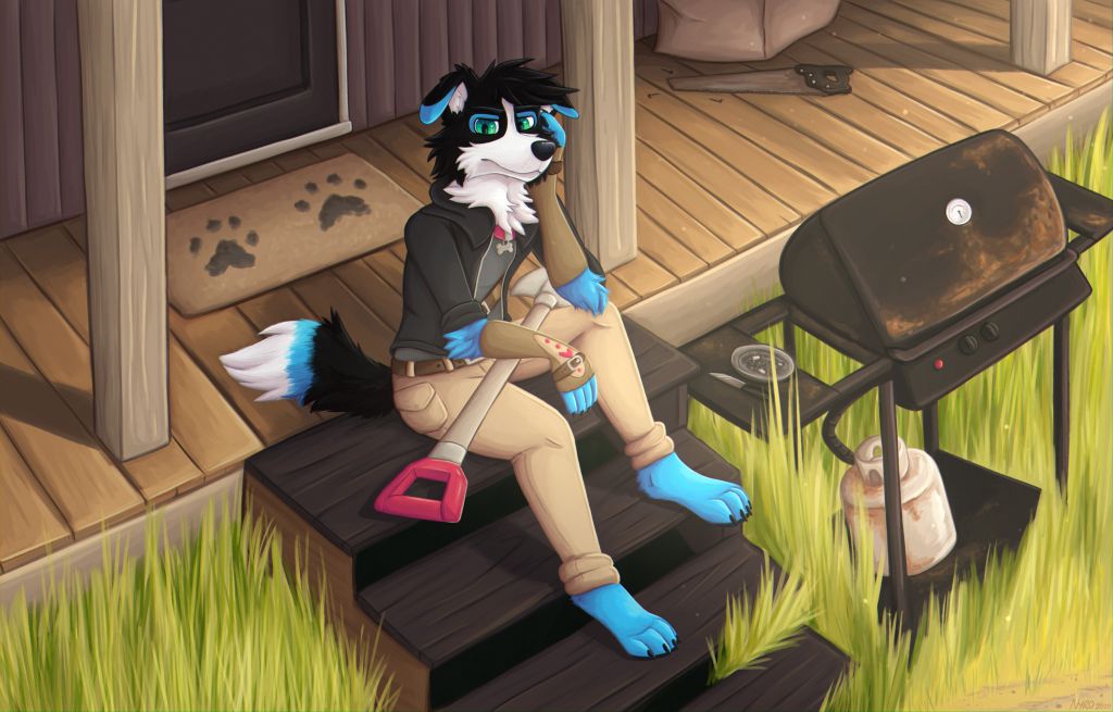 On the Front Porch by kstreetalley, dog, border collie, anthro, furry, animal, mammal, canine, canidae, house, digital, drawing