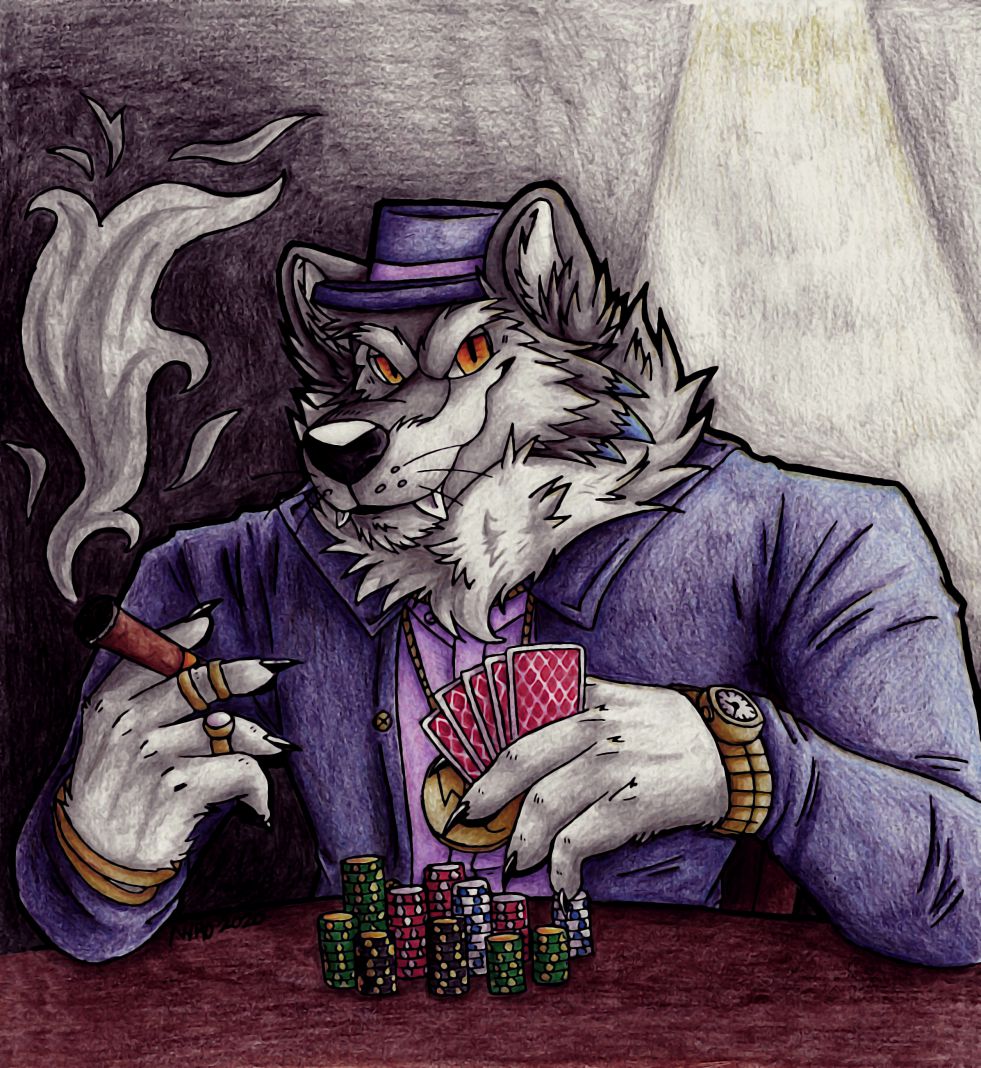 A Game of Poker (2020) by kstreetalley, character, wolf, canine, anthro, drawing, animal, traditional