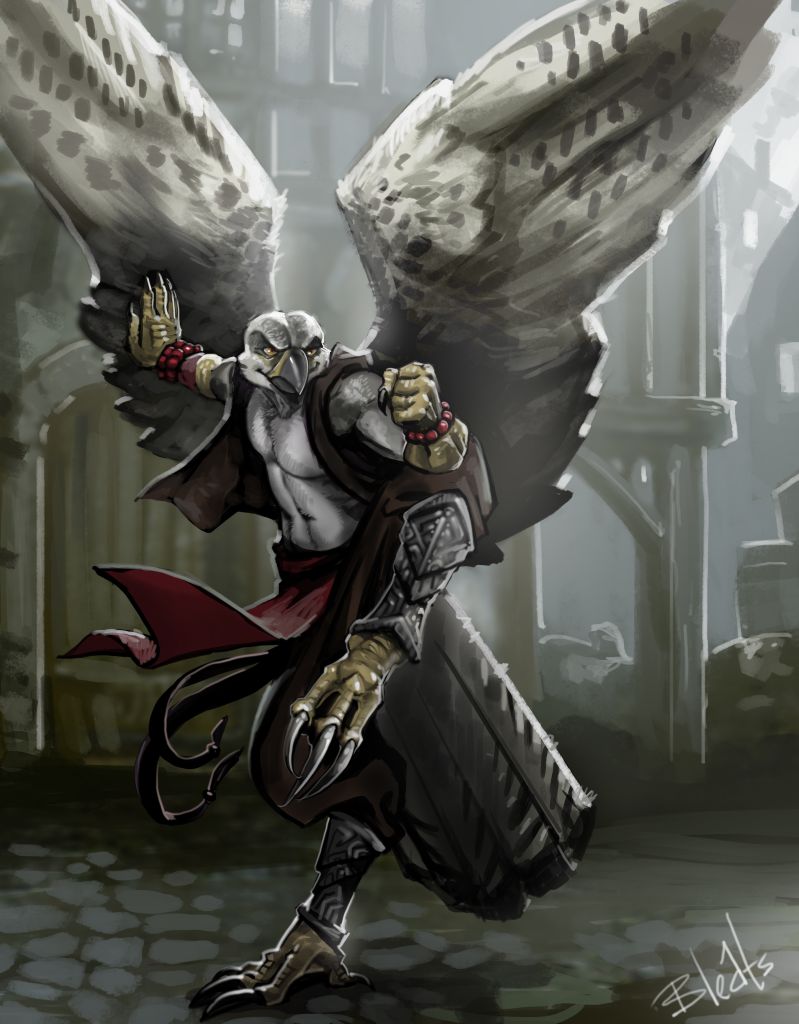 Showing Off by Bleats, Solo, Male, Exotic, Gryfalcon, Clothes, Armor, FightingPose, Monk, Talons, Feathers, Wings, Tavern, Art, Digital, Fantasy, DungeonsAndDragons, Commission