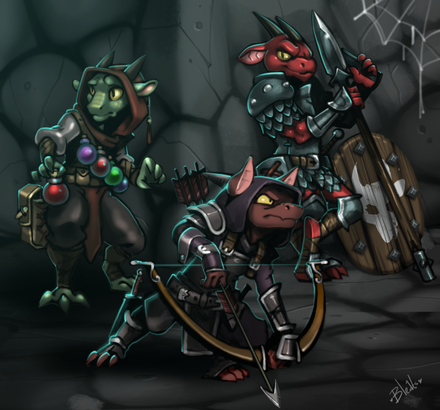 Kobold Brothers by Bleats, Kobold, Male, SFW, Clothes, Armor, Weapons, Bow, Spear, Shield, Warrior, Rogue, Ranger, Alchemist, Dungeon