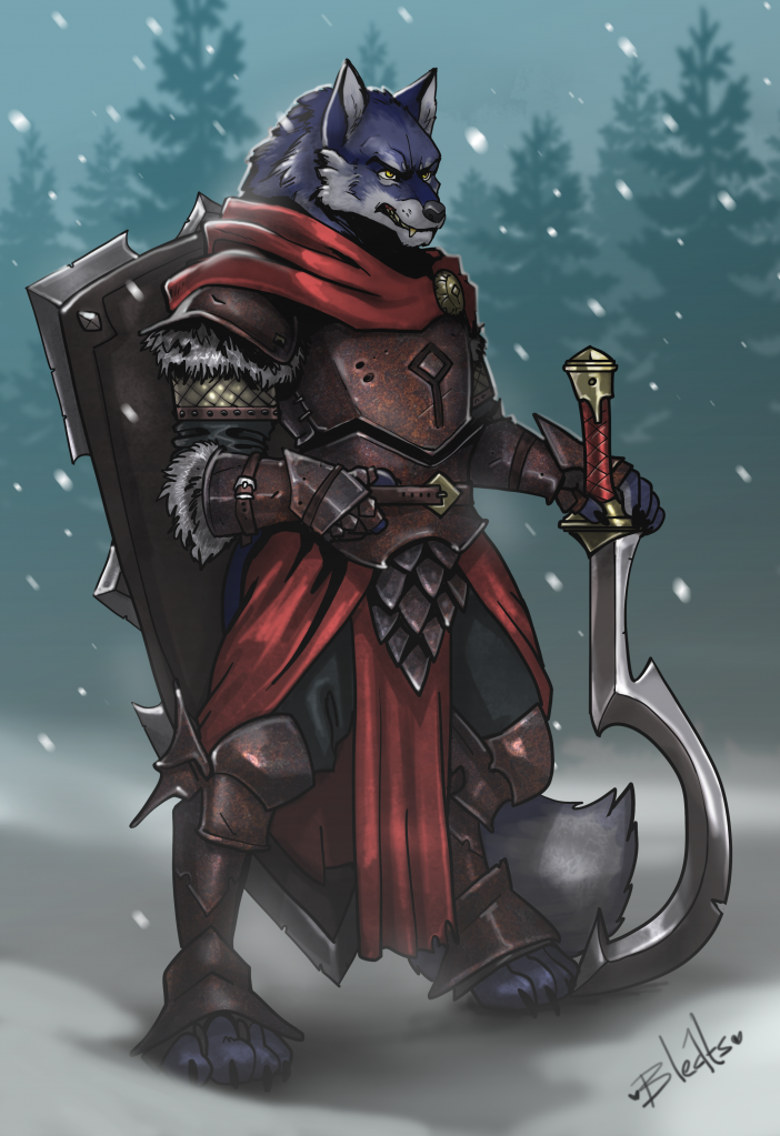 Sir Kira Trakane by Bleats, Solo, Male, Canine, Wolf, SFW, Clothing, Armor, Shield, Weapon, Sword, Khopesh, Snow, Trees, Fur, Paladin, Art, Digital, Commission