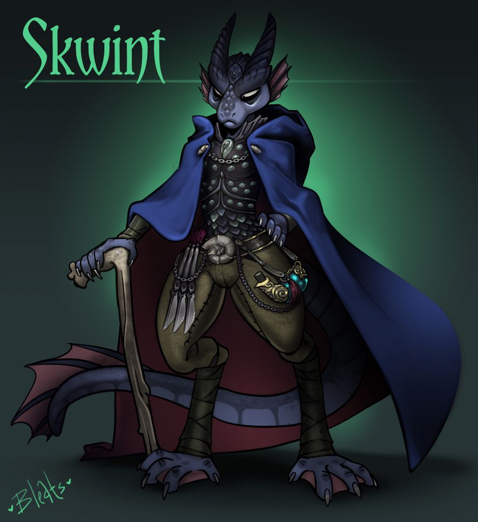 D&D Character - Skwint by Bleats, solo, male, kobold, sfw, clothes, clothing, clothed, armor, cloak, cane, weapon, knives, flask, webbedfeet, claws, horns, art, digital, fantasy, commission