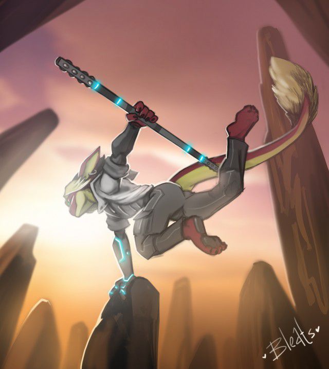 Early Morning Training by Bleats, solo, male, hybrid, bunny, rabbit, dragon, sfw, clothes, piercing, metal, weapon, staff, training, rocks, sky, clouds, art, digital, commission