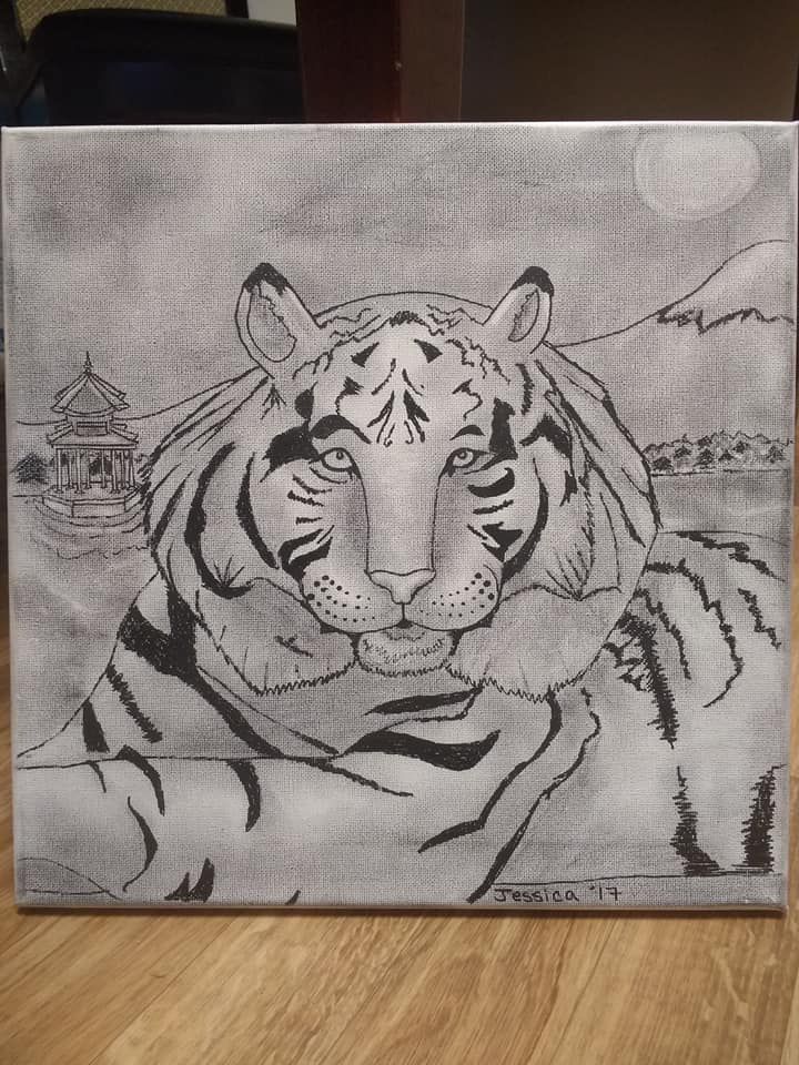 Tiger Traditional by Jackartlope, tiger, canvas, black and white, tigress, pencil